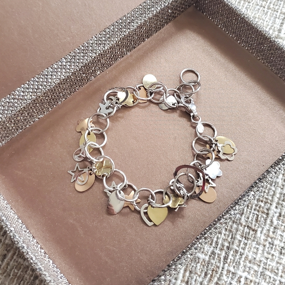 14k Gold Tri-Color Link Charm Bracelet